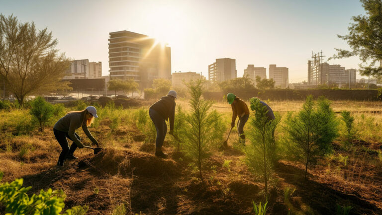 volunteers planting trees at edge of city